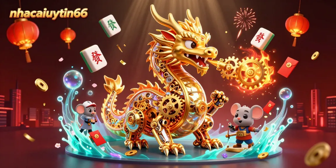 Experience exciting gameplay with nhacaiuytin66 as a golden dragon breathes golden gears in a vibrant casino world.
