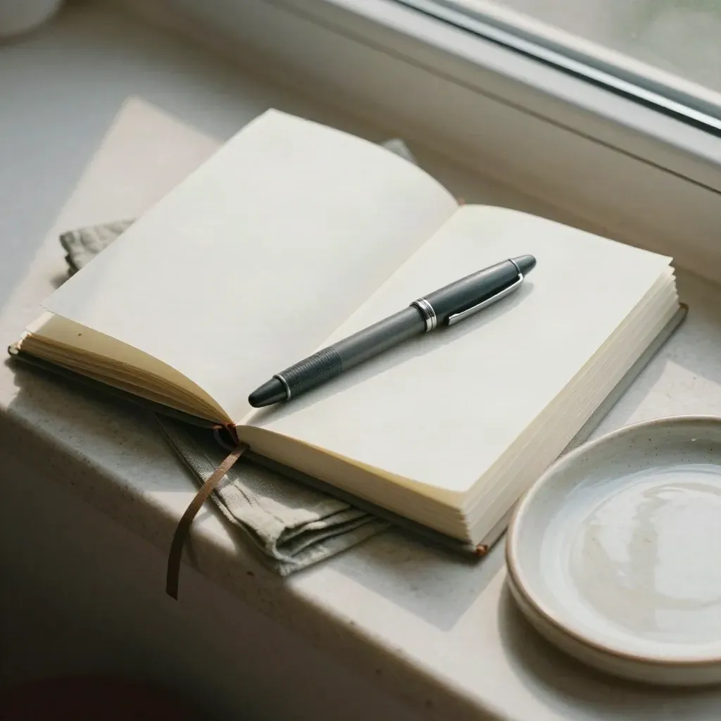 Overhead spread of unmarked journaling pages, sage cloth, fountain pen and ceramic tray on travertine.