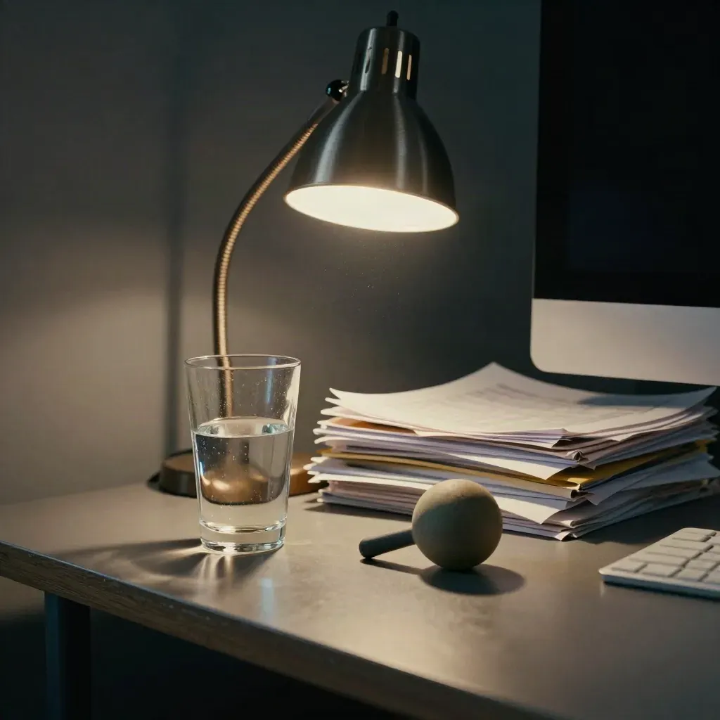 Stressful work corner with papers, glass, lamp, monitor, and tension ball in dramatic light