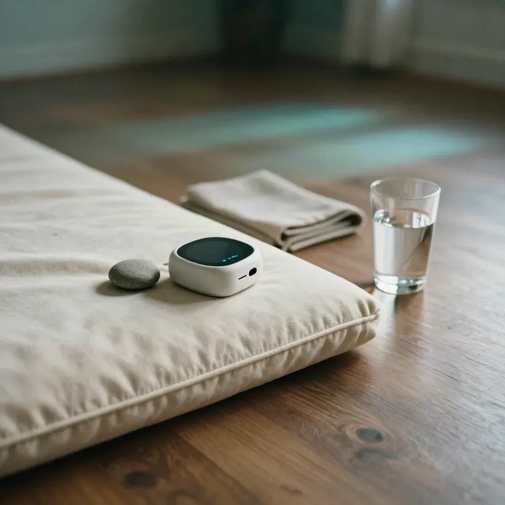 Floor cushion, breathing timer, smooth stone, folded mat, and water cup in a calm wellness corner.