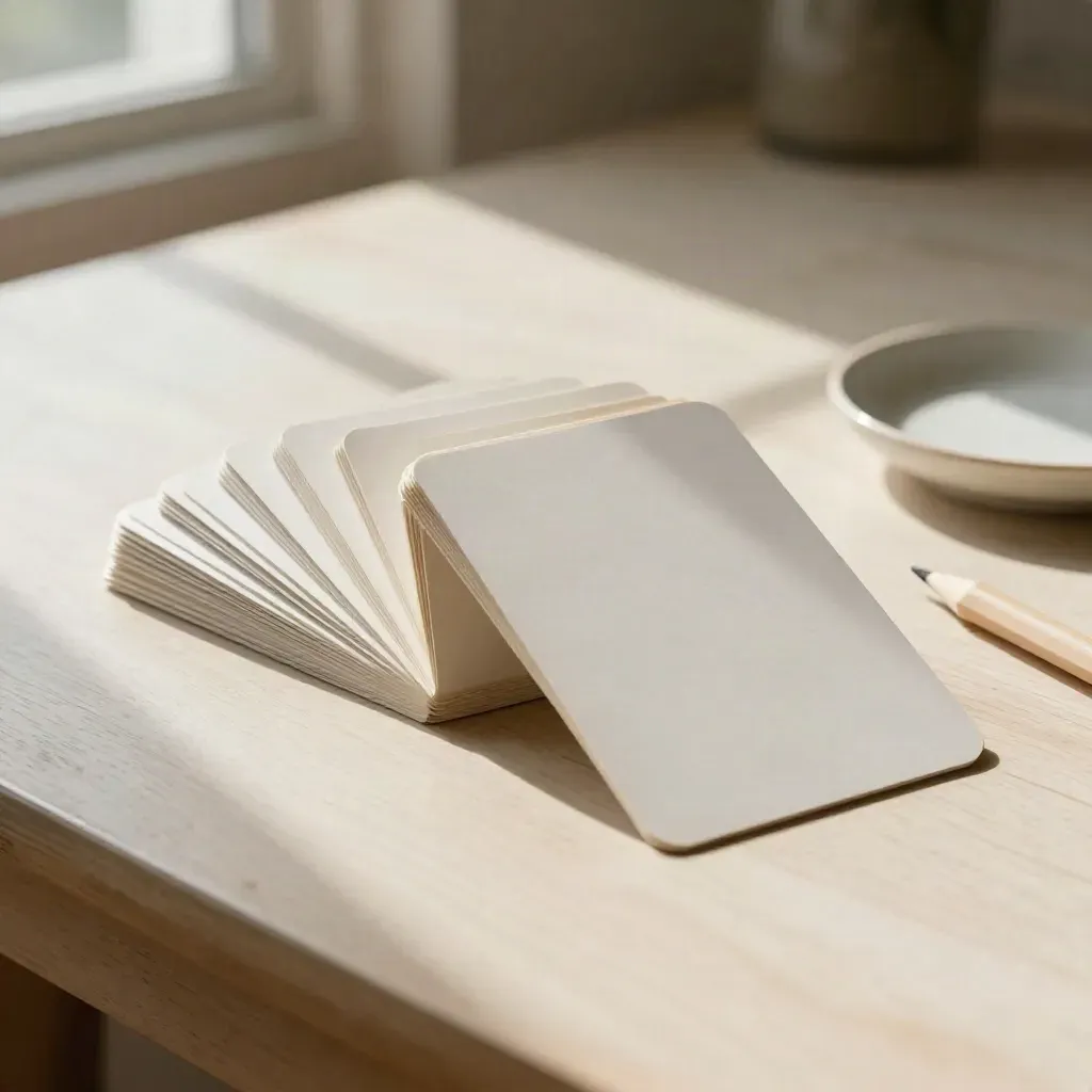 Emotion cards, ceramic dish, and pencil on a warm wood table in soft daylight.
