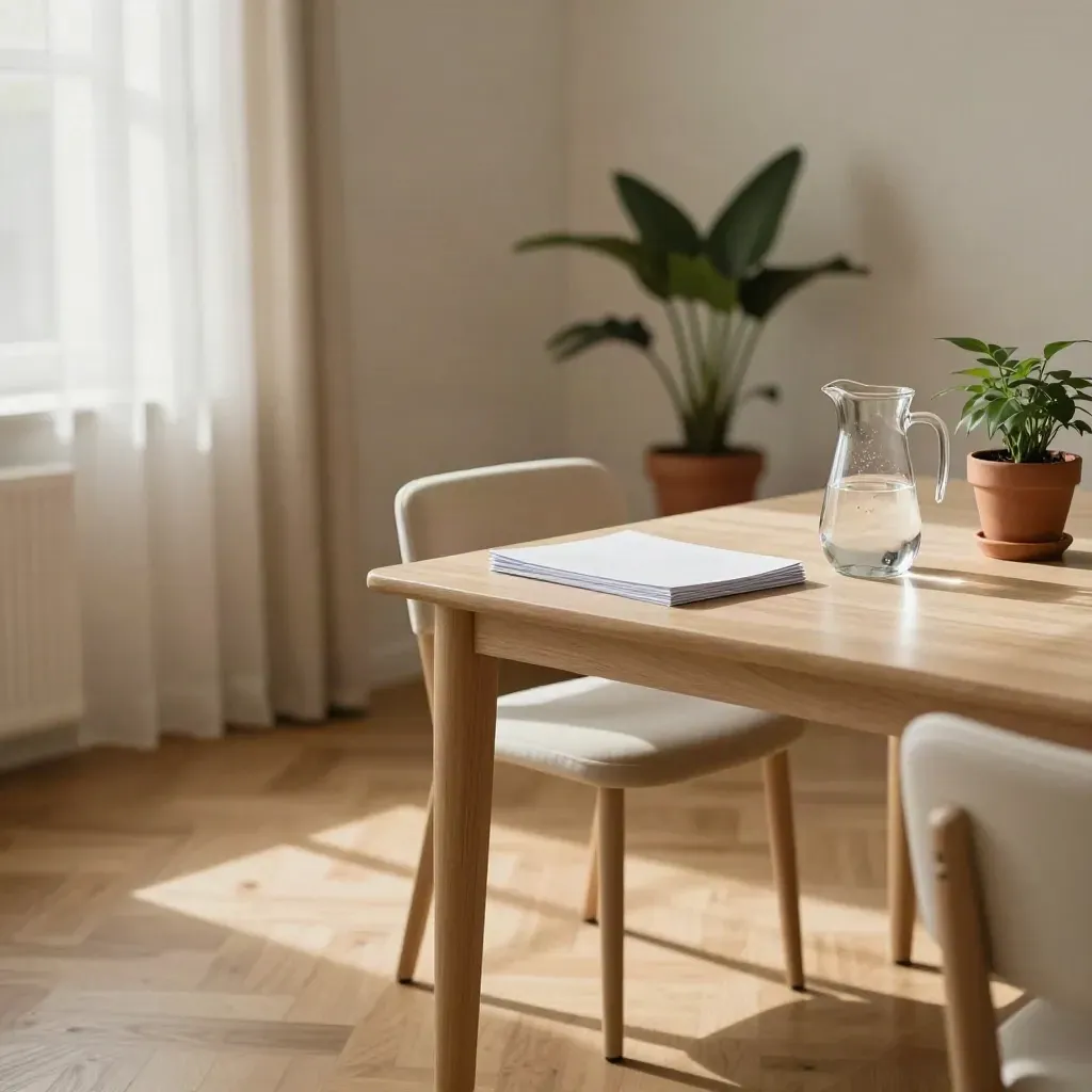 Quiet workshop room set with table, chairs, water pitcher, folders, and plant before attendees arrive.