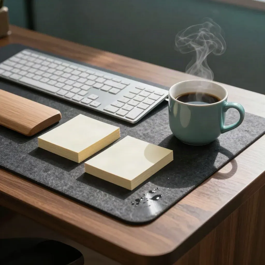Desk corner reset between meetings: keyboard, note cards, wrist rest, steaming teal cup.