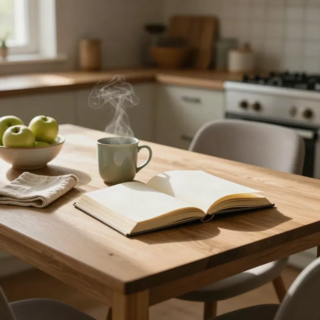 Quiet kitchen check-in scene with journal, steaming mug, and pulled-back chair
