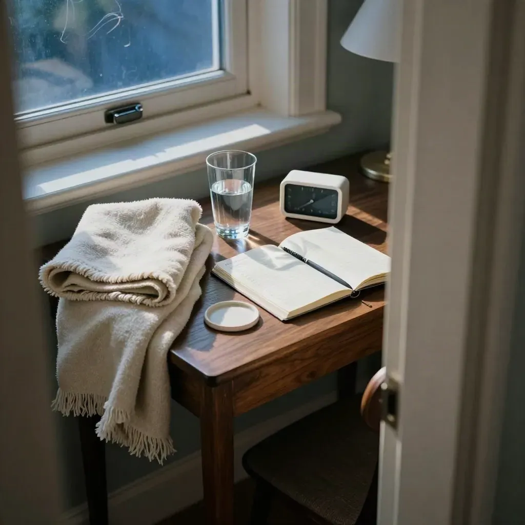 Overhead desk reset setup with blanket, water glass, timer and face-down planner by a cracked window.