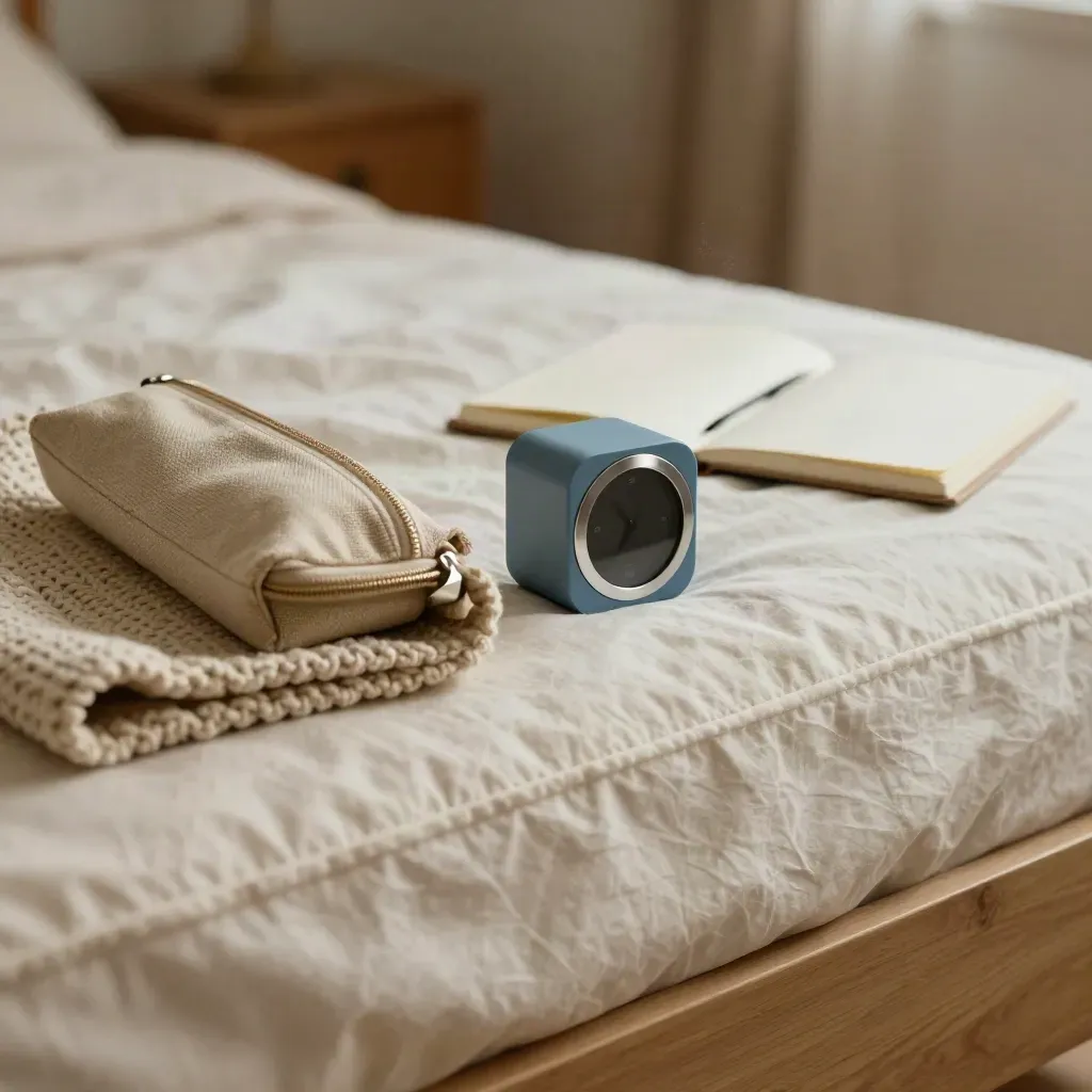Close dorm bed edge with timer, pencil case, folded blanket, and notebook in warm lamplight.