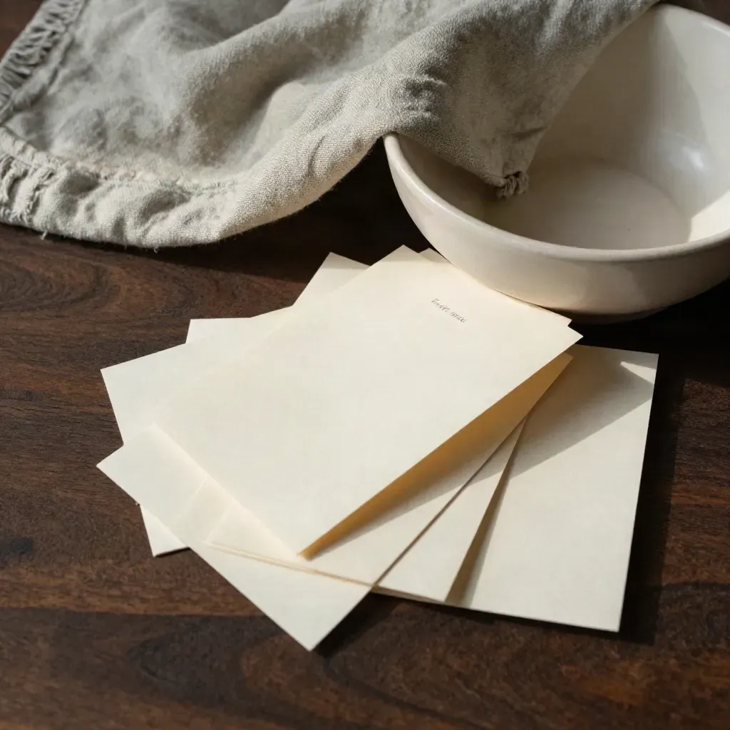 Blank mood journal cards beside a ceramic bowl and sage linen on a dark table