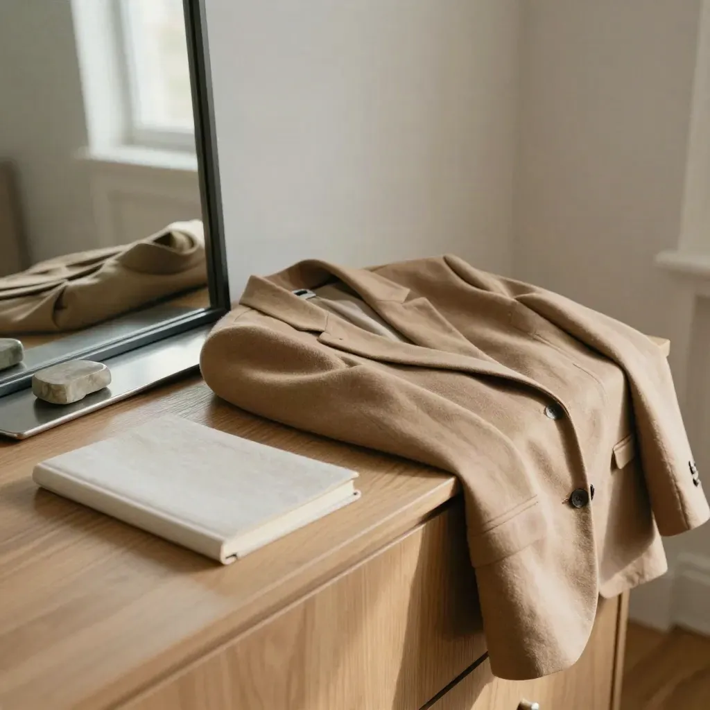 Folded blazer, closed notebook, and stone paperweight on a dresser by a mirror in morning light.