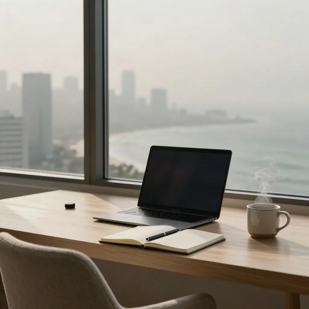 Home office with laptop, mug, notebook and foggy city window, viewed from behind a chair.