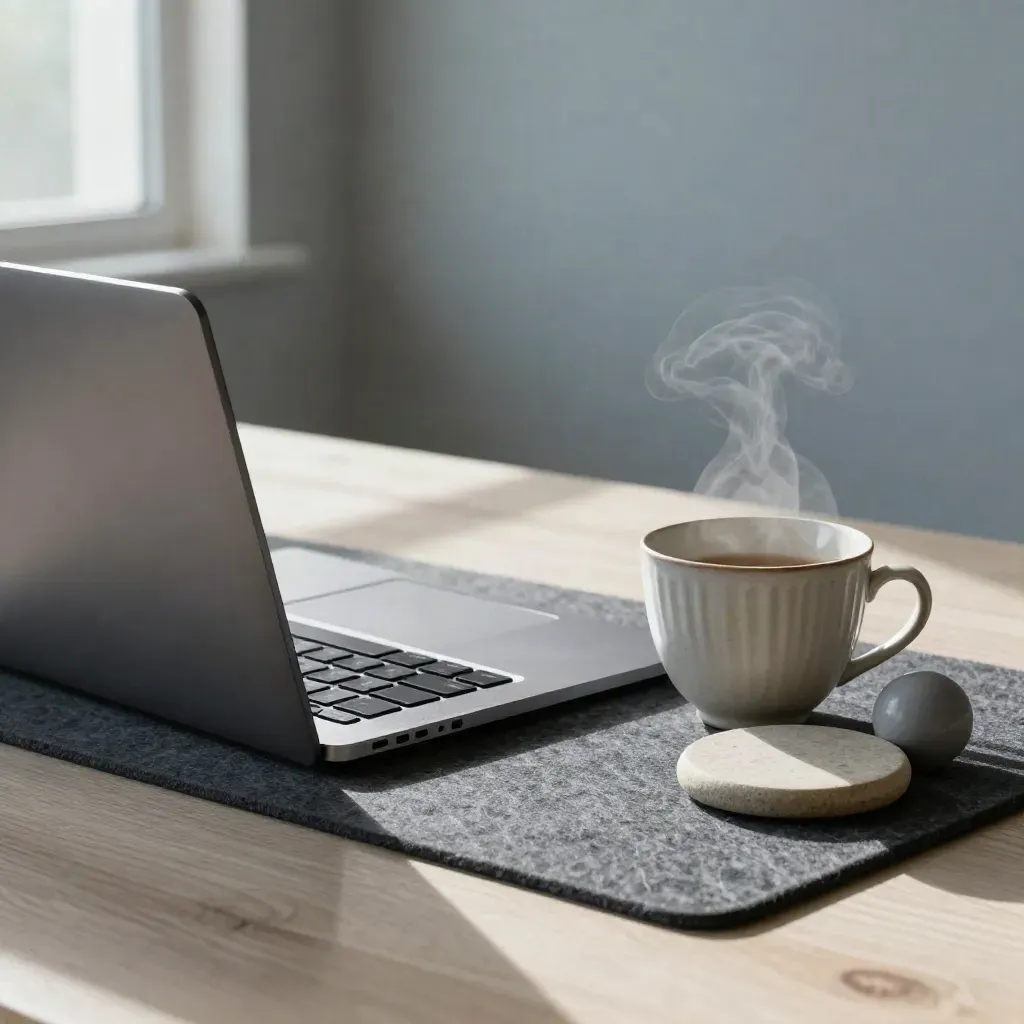 Closed laptop, steaming tea cup, stress ball and stone coaster on a calm desk mat