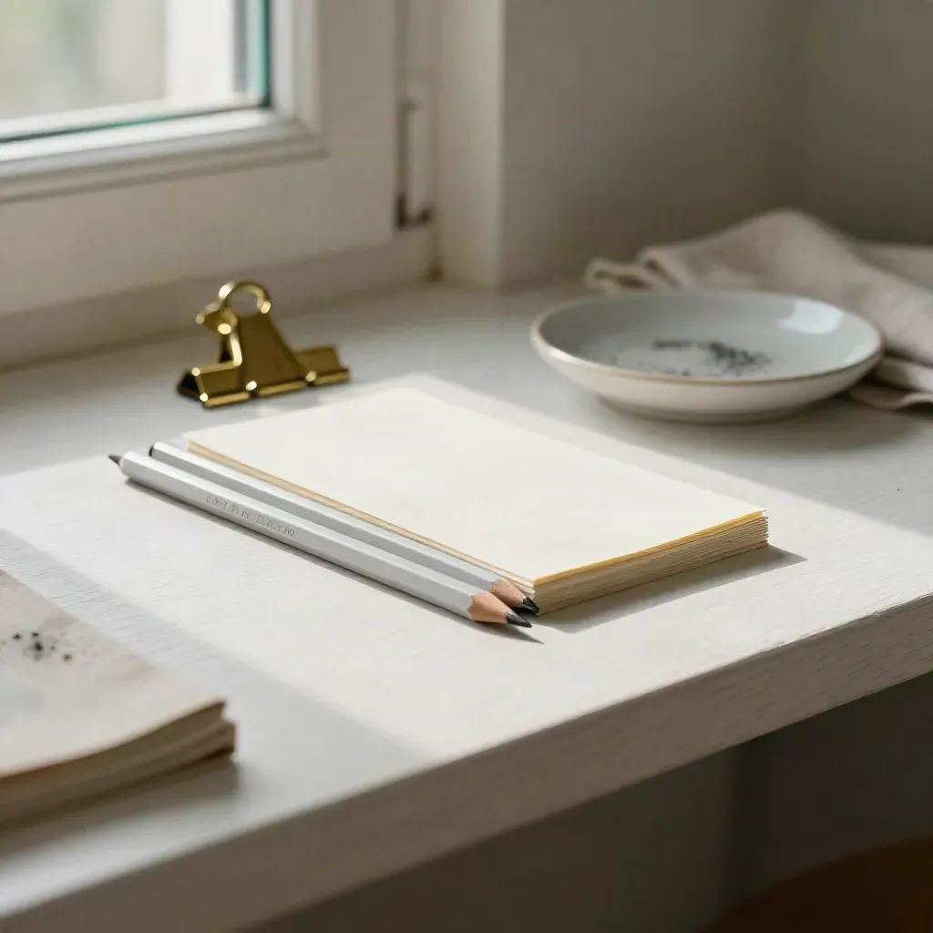 Pencils, blank cards, brass clip and linen cloth on a dorm shelf in soft afternoon light.