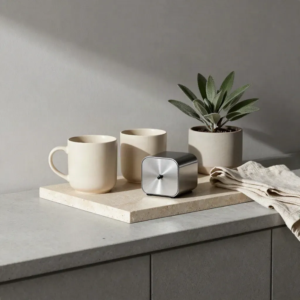 Stoneware mugs, a timer, plant and linen cloth on a stone tray in soft office daylight.