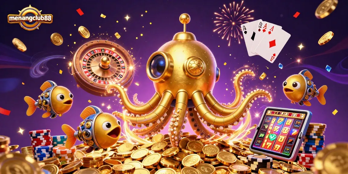 Experience exhilarating gaming at menangclub88 with a golden kraken and dynamic casino elements.