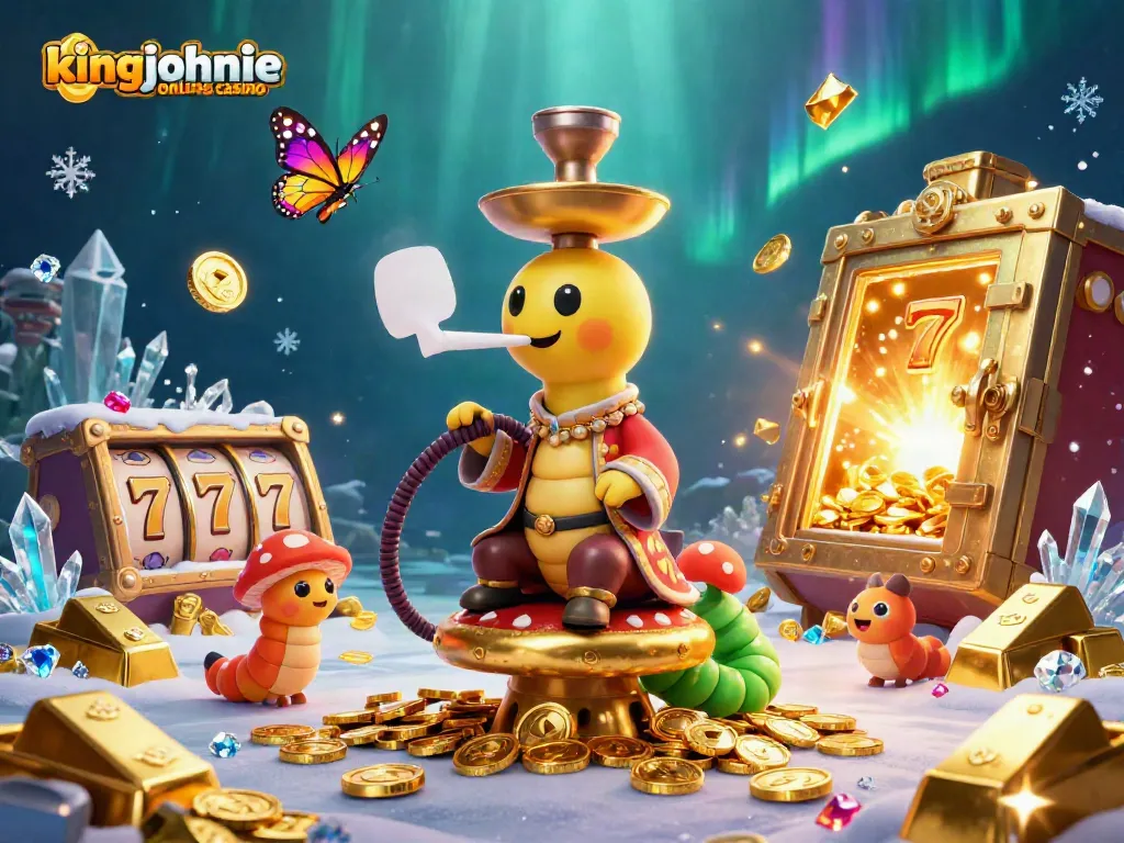 Experience the thrilling atmosphere of kingjohnnie online casino with a vibrant 3D scene of a caterpillar master and casino elements.