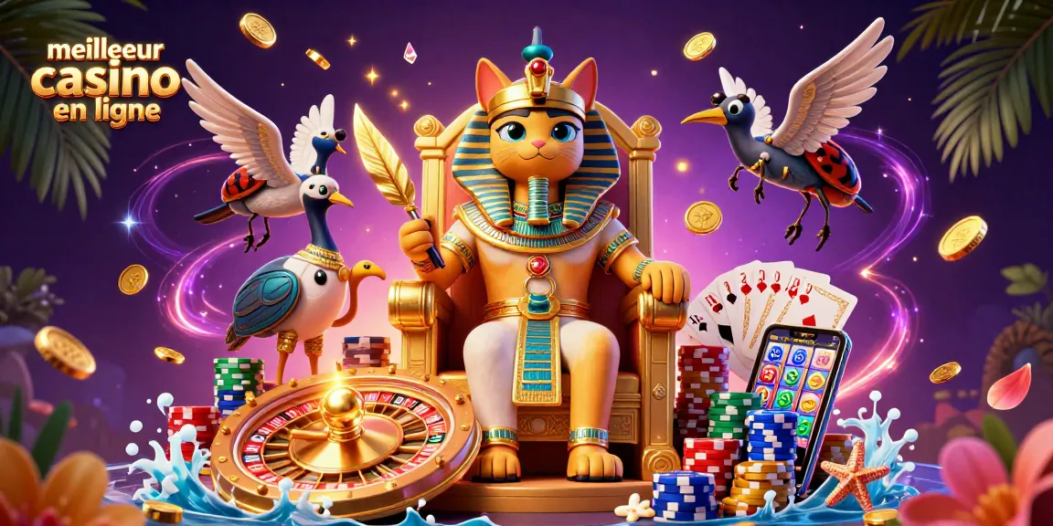 Gagnez au meilleur casino en ligne avec une illustration captivante d'un pharaon égyptien et des éléments de jeu dynamiques.