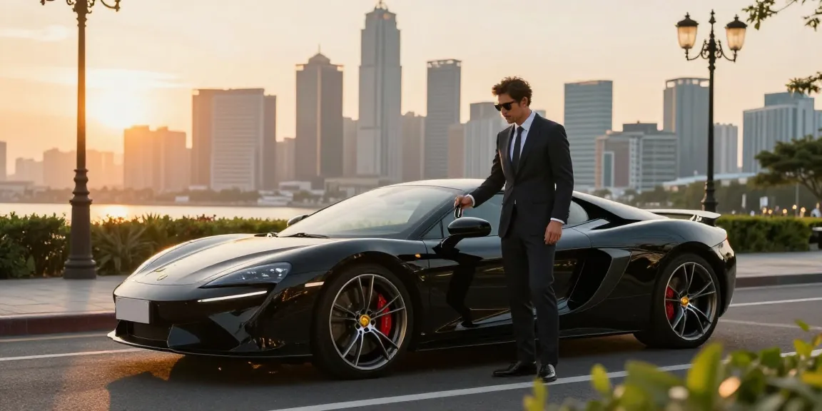 Mobil mewah LUXURY 777 di latar belakang kota, menggambarkan gaya hidup premium.
