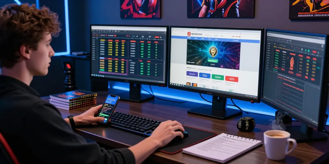 Engaged user exploring 먹튀스팟 검증사이트 on multiple screens in a modern gaming setup.