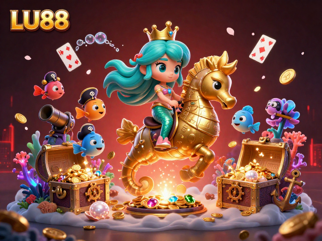 Engage in thrilling gambling adventures with LU88 alongside a mermaid princess in a vibrant underwater scene.