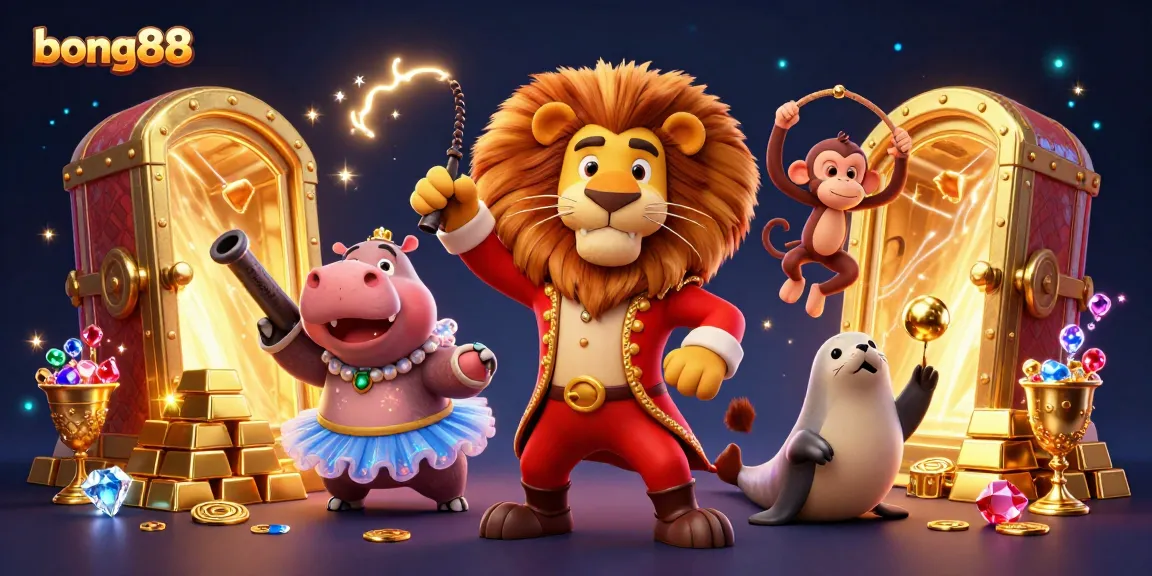 bong88 showcases a vibrant circus-themed casino scene with energetic characters and a treasure vault.