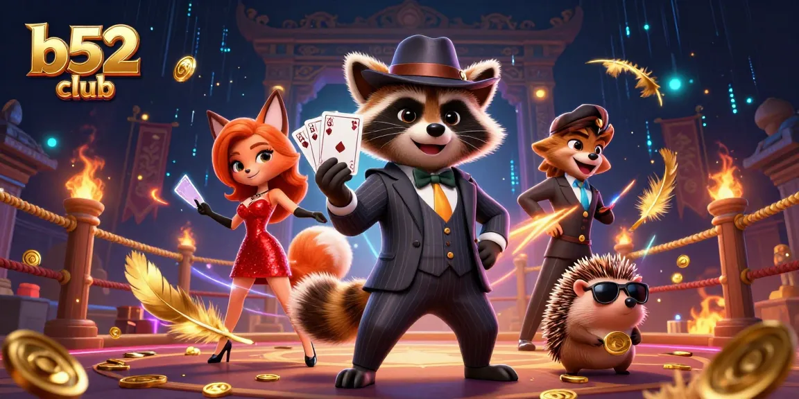 Engage in thrilling gameplay at B52 Club with a raccoon, fox, and hedgehog in vibrant casino-themed scene.