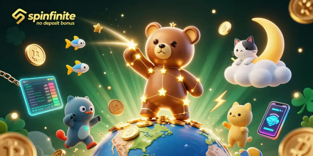 Experience the spinfinite no deposit bonus with a vibrant, colorful illustration of winning coins and gaming elements.