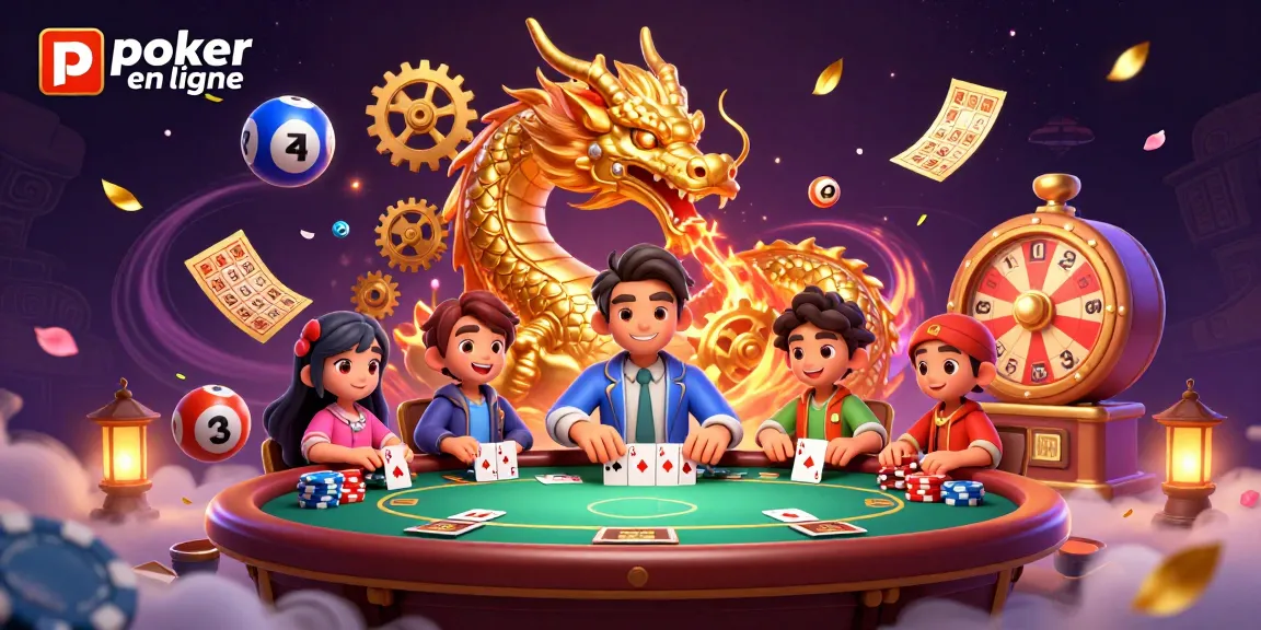 Jouez au poker en ligne avec des personnages animés autour d'une table, pleine de jetons colorés et cartes.