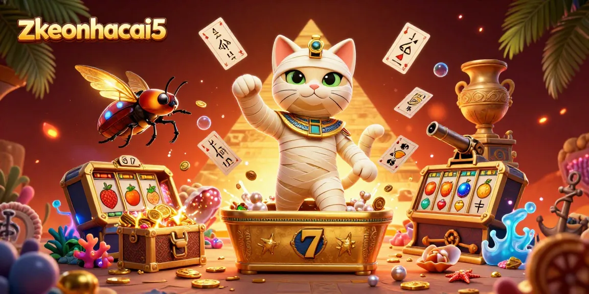 Engage with zkeonhacai5’s vibrant casino scene showcasing a mummy cat among slot symbols and treasure.
