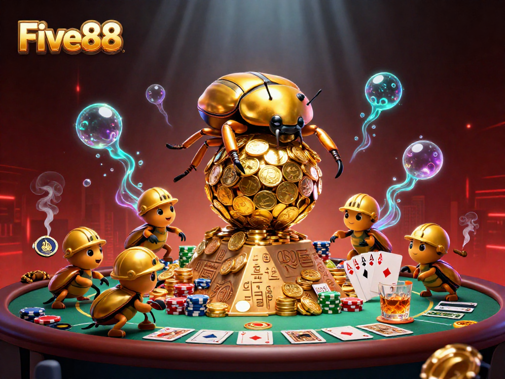 Join Five88’s vibrant 3D scene featuring massive golden beetles and poker elements in a luxurious casino atmosphere.