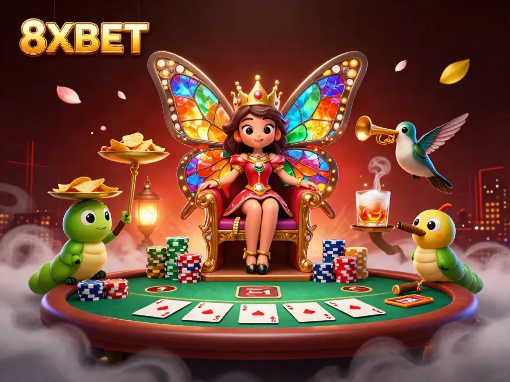 Engage with 8XBET's vibrant casino world featuring a butterfly queen and dynamic poker elements.