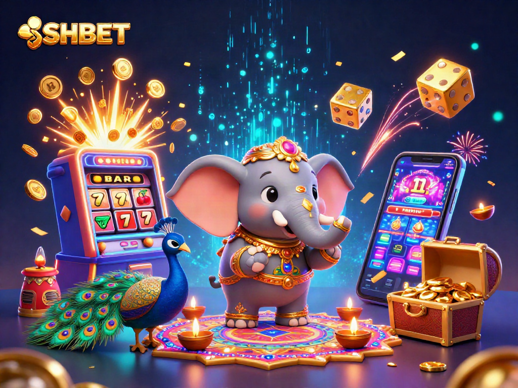 Experience SHBET's vibrant casino atmosphere with a dynamic 3D illustration of festive characters and game elements.