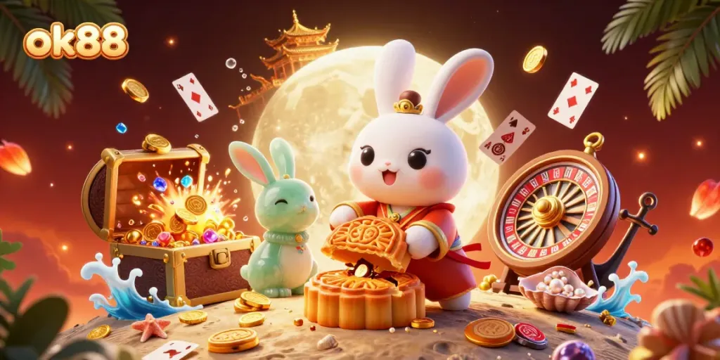 Engage with thrilling games at ok88, featuring lively 3D elements like a moon rabbit and dynamic casino icons.