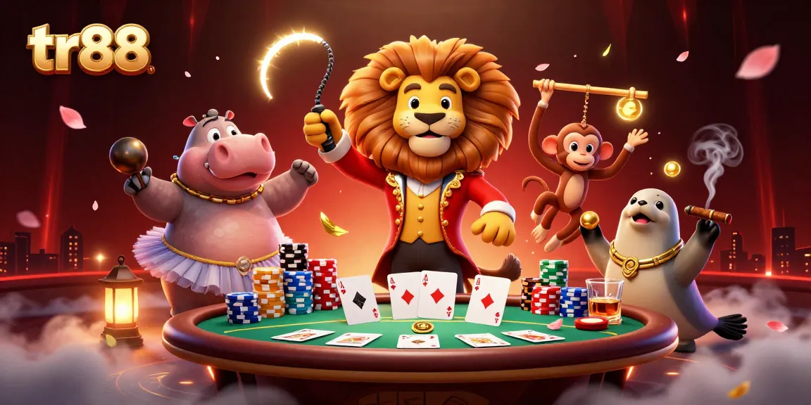 Join the thrilling action at tr88 with circus characters, poker chips, and vibrant casino elements