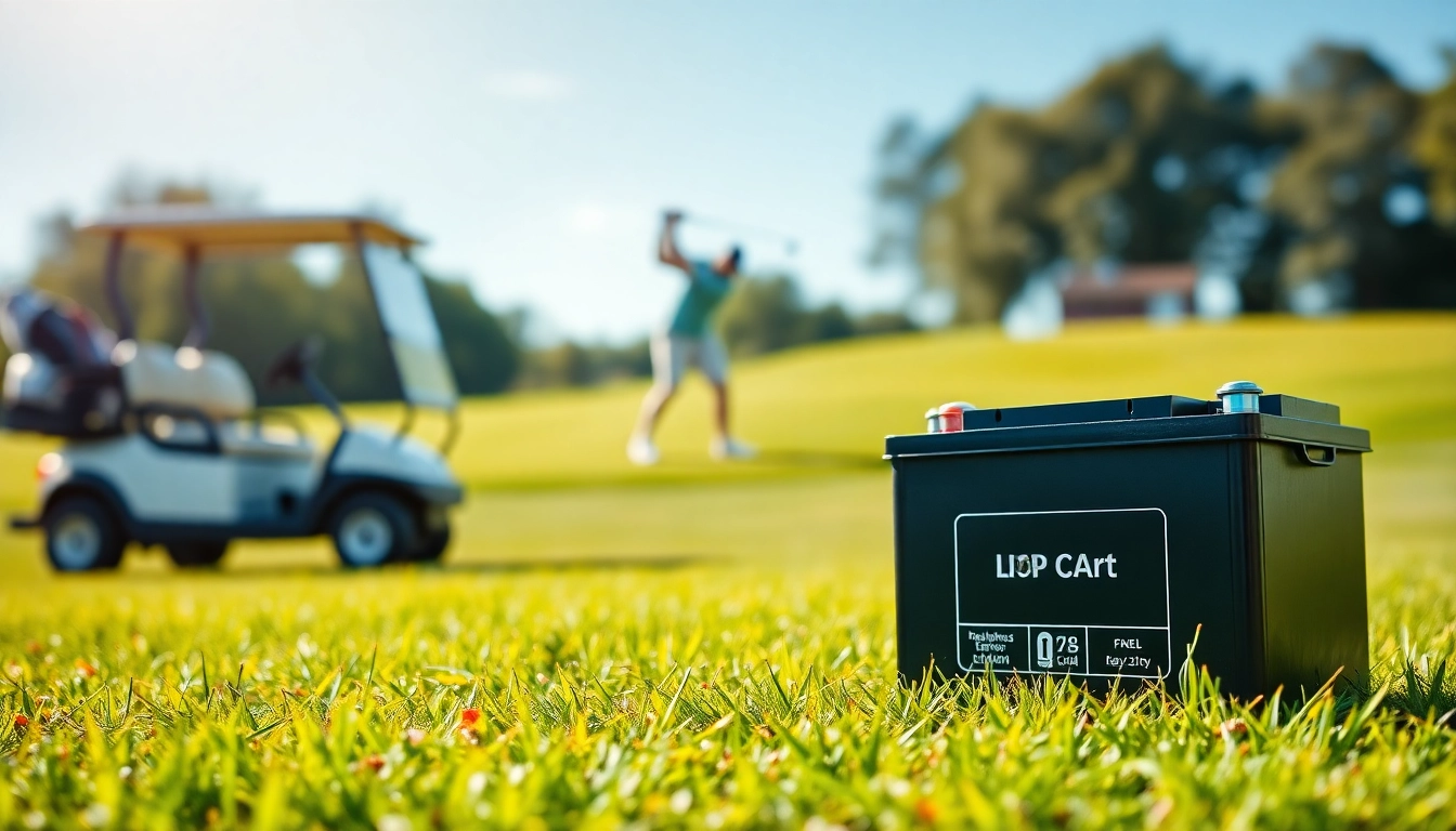 Showcasing lithium golf cart batteries with sleek design against a green golf course backdrop.