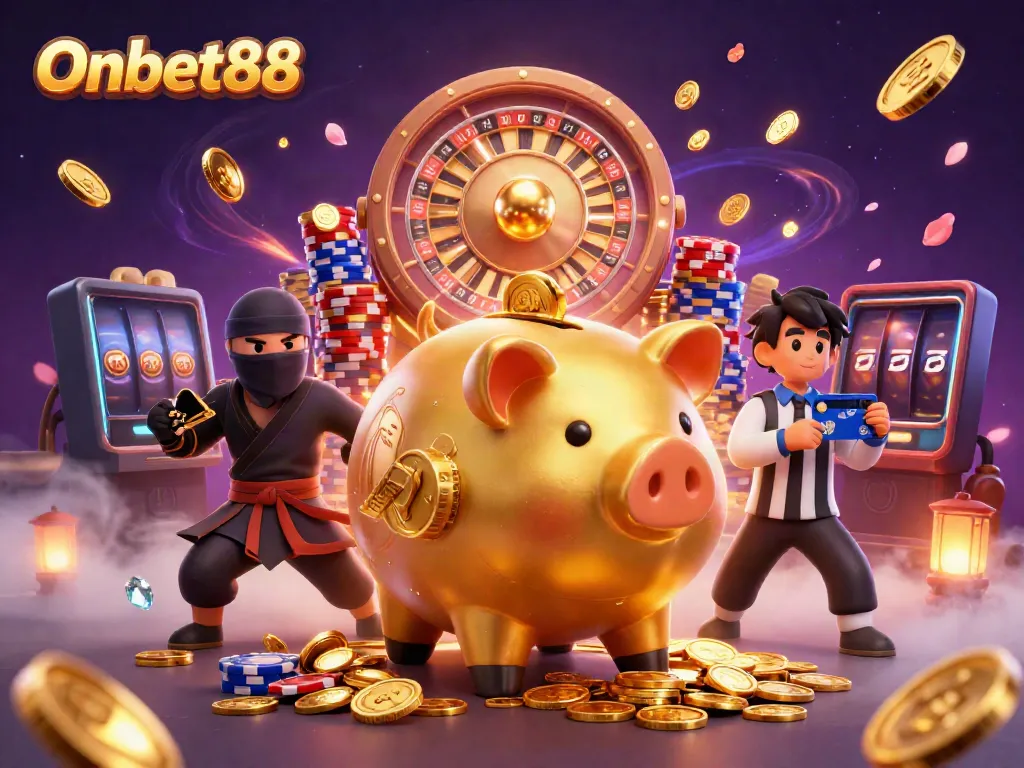Experience excitement with Onbet88 through lively casino characters enjoying a winning streak.