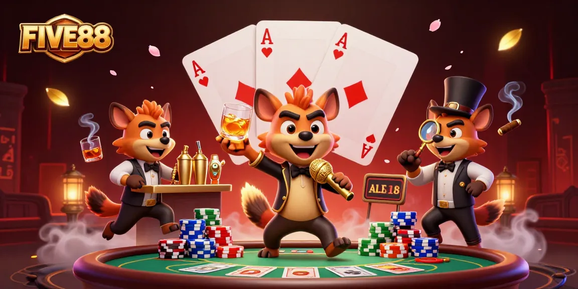 Watch FIVE88 hyenas entertain with their comedic casino antics in this vibrant 3D scene.