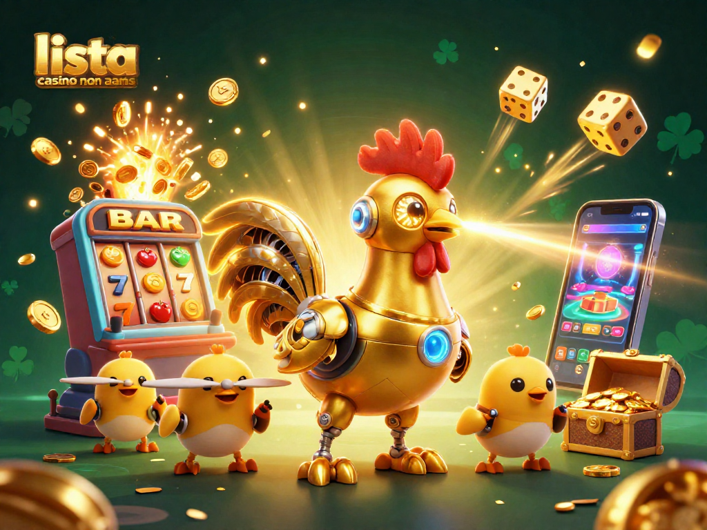 Gioca alla lista casino non AAMS con un robot gallo dorato e droni in un casinò virtuale scintillante.