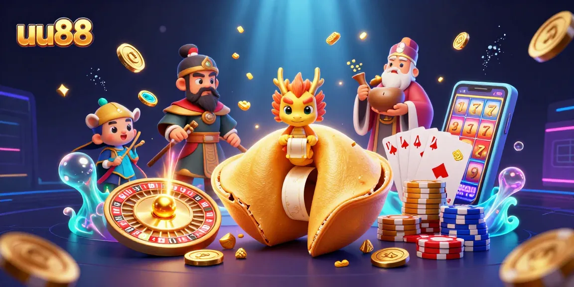 Play slot games with uu88 as golden coins and gems cascade in a 3D cartoon casino scene.