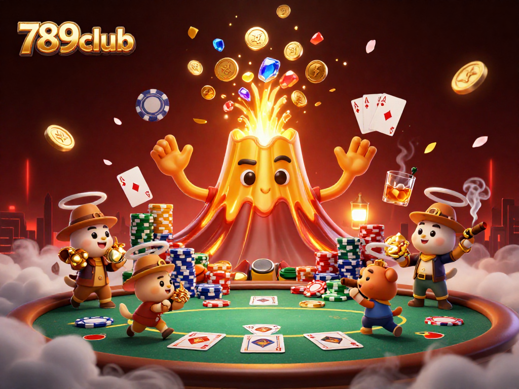 Experience thrilling gameplay at 789club with a golden volcano erupting treasures in an exciting casino scene.
