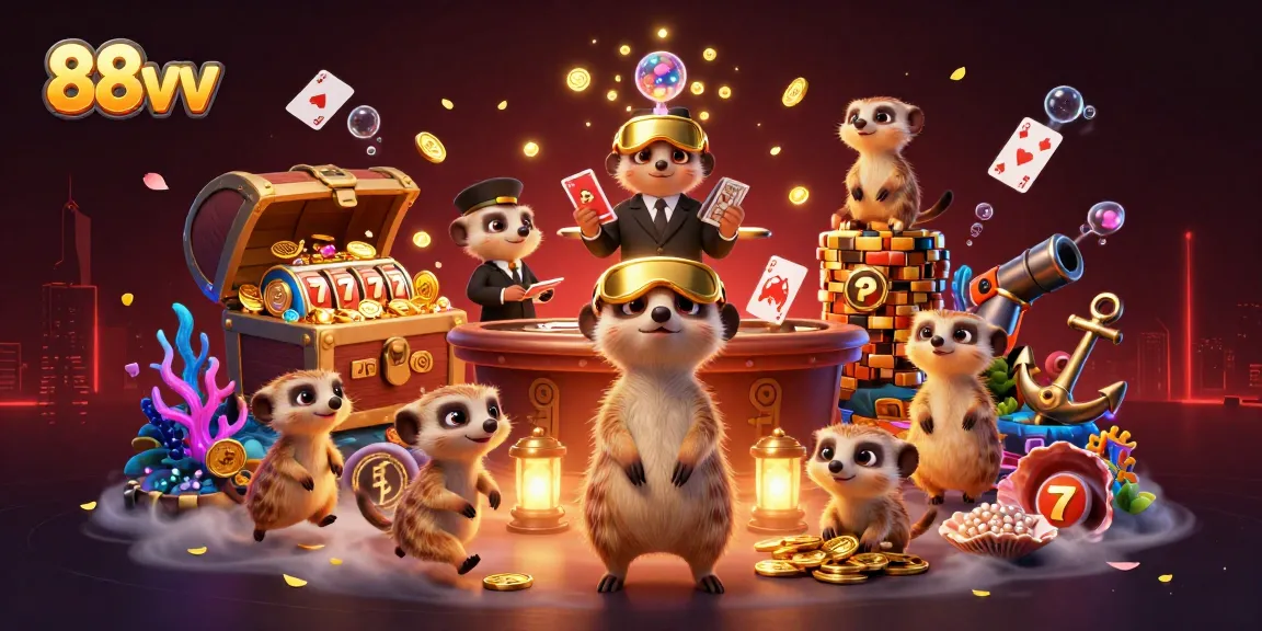 Experience excitement at 88vv with a charming meerkat casino scene, featuring slot reels and vibrant treasures.