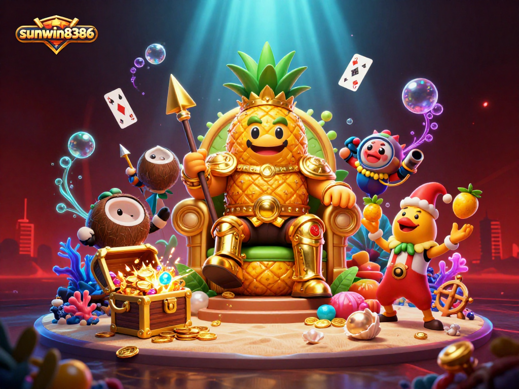Experience the excitement of sunwin8386 with a vibrant 3D illustration showcasing casino characters and elements.