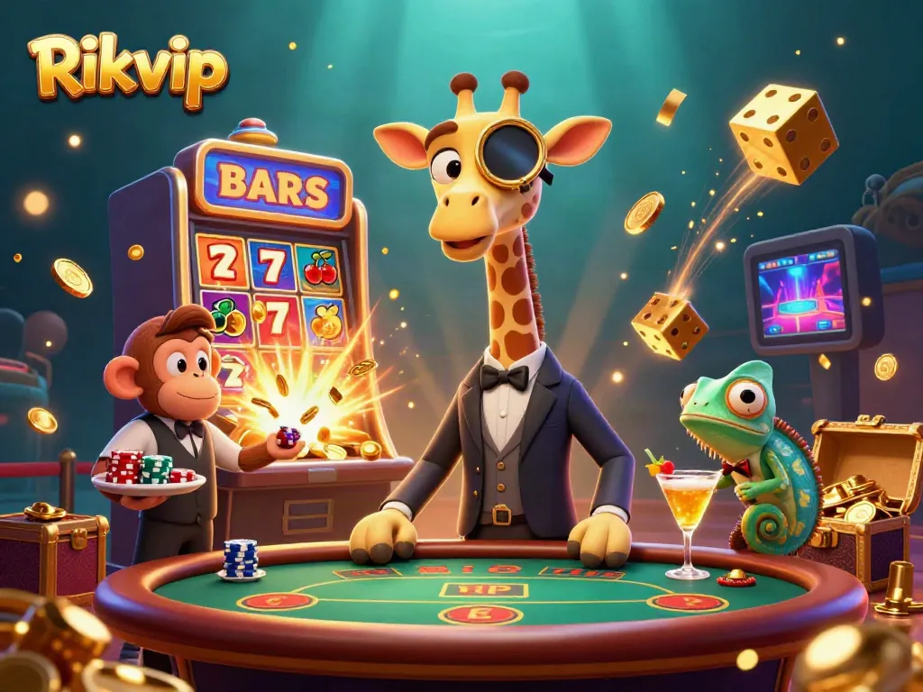 Experience thrilling wins with Rikvip at a vibrant casino scene featuring animated characters and exciting game elements.