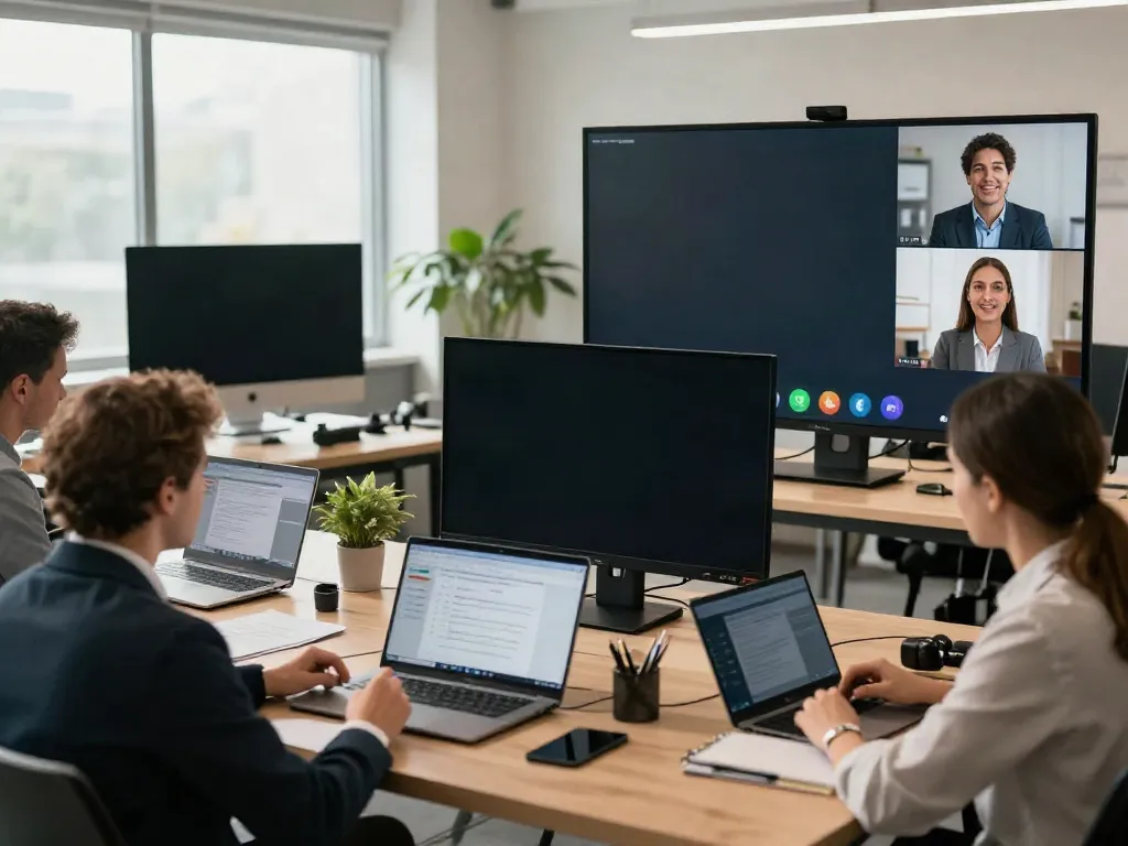 Deepfake-protected meetings in an executive video conference with diverse professionals engaged in discussion.