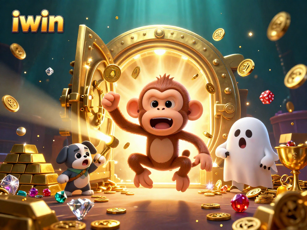 The mischievous iwin poltergeist monkey juggles coins and chips in a haunted casino scene.
