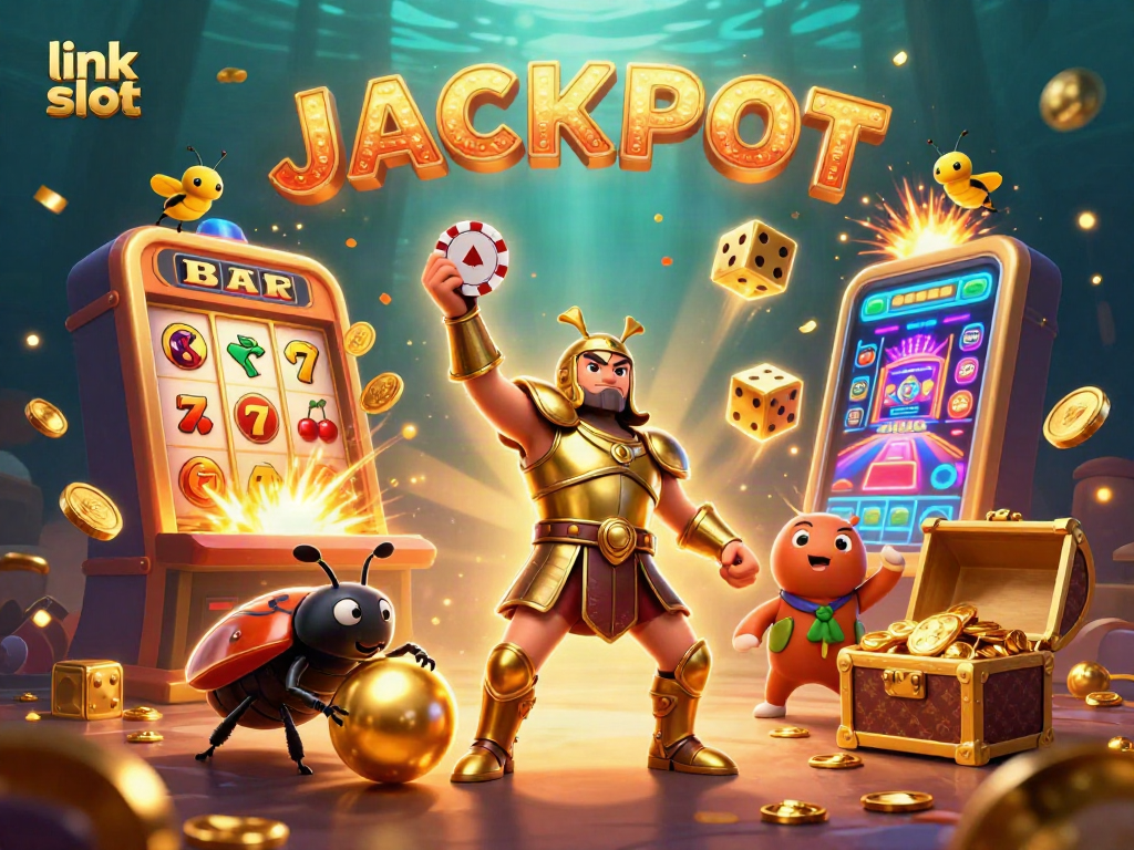 Engage with the link slot action as a hercules beetle celebrates a jackpot victory in a vibrant casino scene.