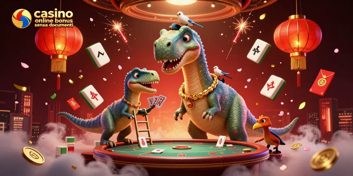 Illustrazione di un brontosauro in un casinò mentre un raptor distribuisce carte, rappresentando il casino online bonus senza documenti.