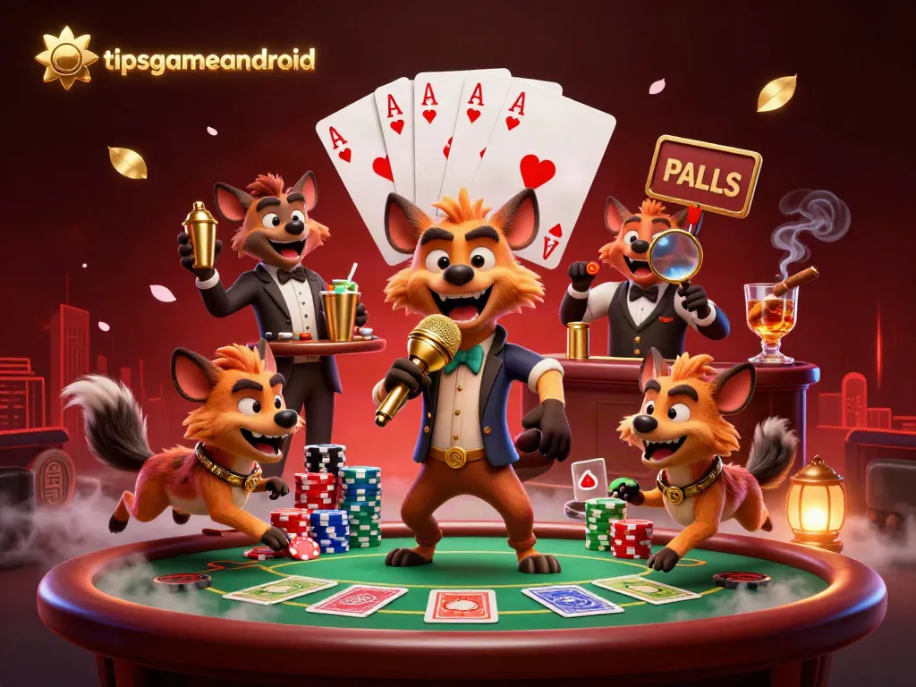 Experience the lively comedy casino scene of tipsgameandroid with animated hyenas, vibrant poker details, and golden accents.