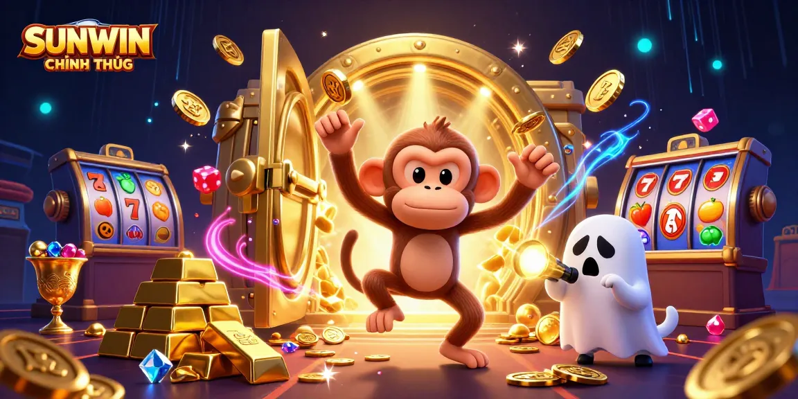 SUNWIN CHÍNH THỨC showcases a playful ghostly monkey juggling while a brave puppy hunts for treasures in an animated casino.