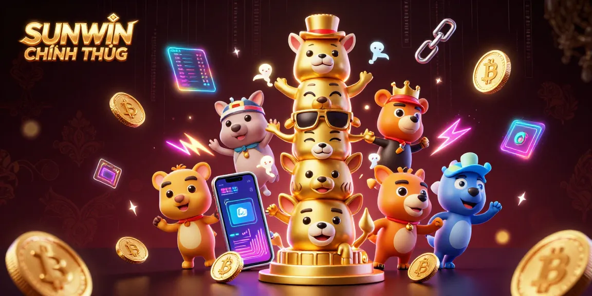SUNWIN CHÍNH THỨC highlights a vibrant 3D casino scene featuring dynamic characters and crypto elements.