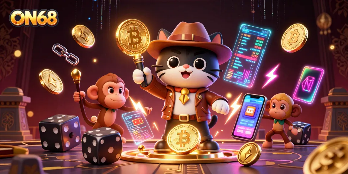 ON68 showcases vibrant gambling artwork featuring a cat archaeologist unraveling casino treasures.