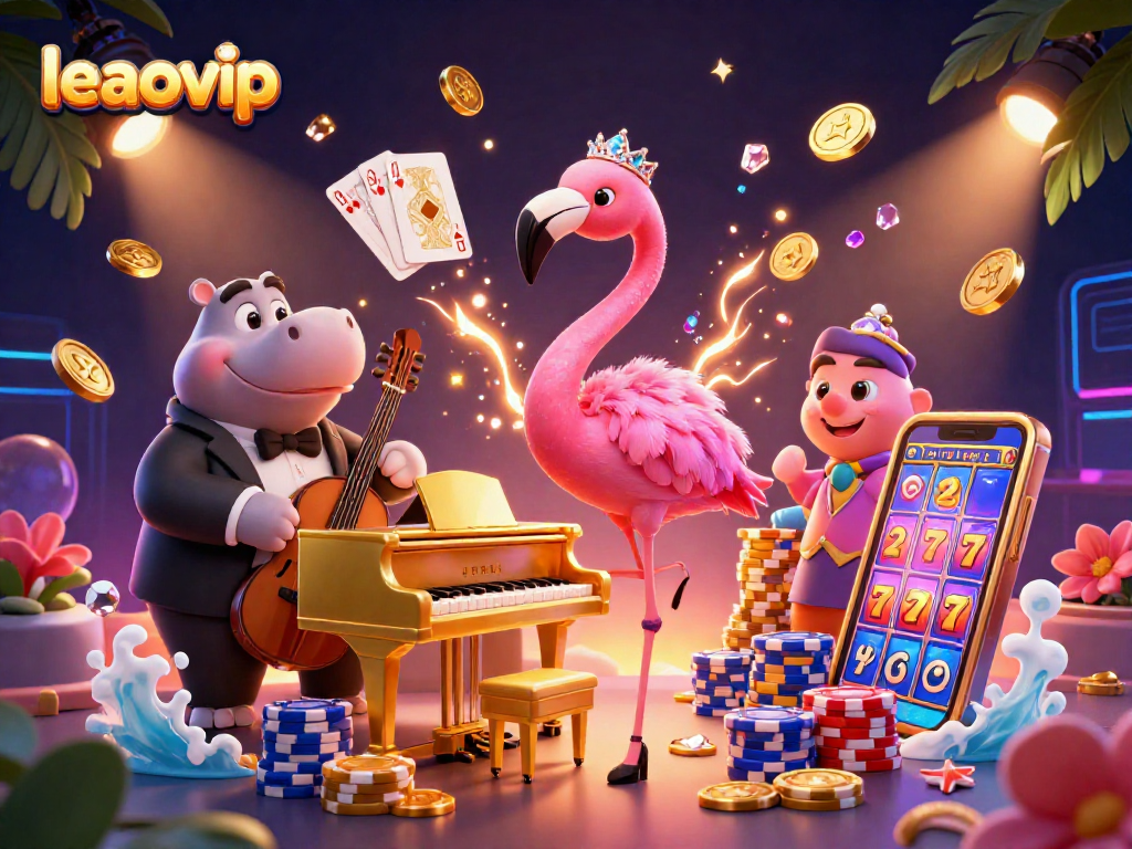 Experience vibrant gaming with leaovip, featuring a flamboyant flamingo and cool hippo in an electrifying casino atmosphere.